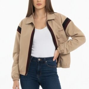 VINTAGE 80s Aigner Beige Brown Cotton Blend Leather Details Windbreaker Jacket